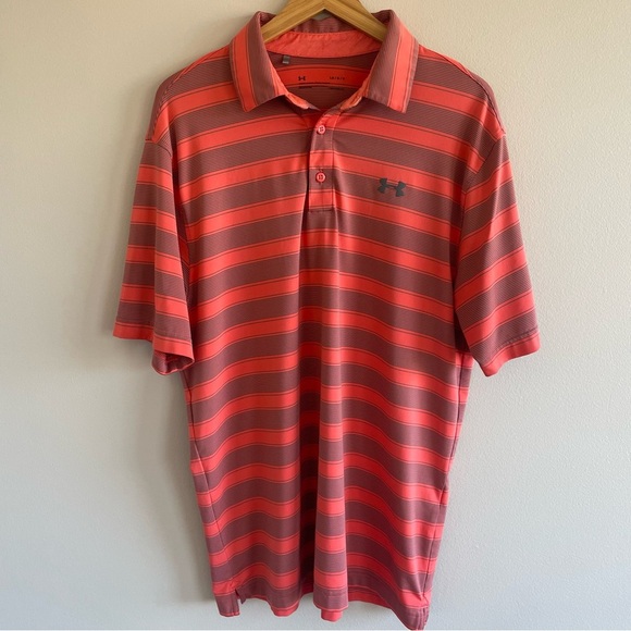 Under Armour Men's Heatgear Loose Fit Polo Orange Stripe Size Large - Picture 1 of 7